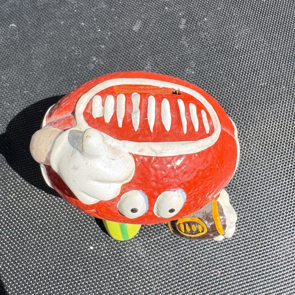 Vintage Terracotta Football Coin Bank‎ Hand Painted Smiley Face 3D Sports Decor